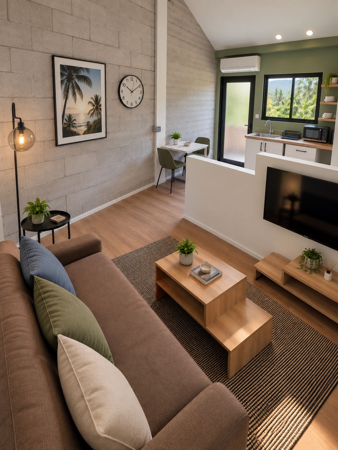 Hillside View apartment living room and kitchen — architectural rendering