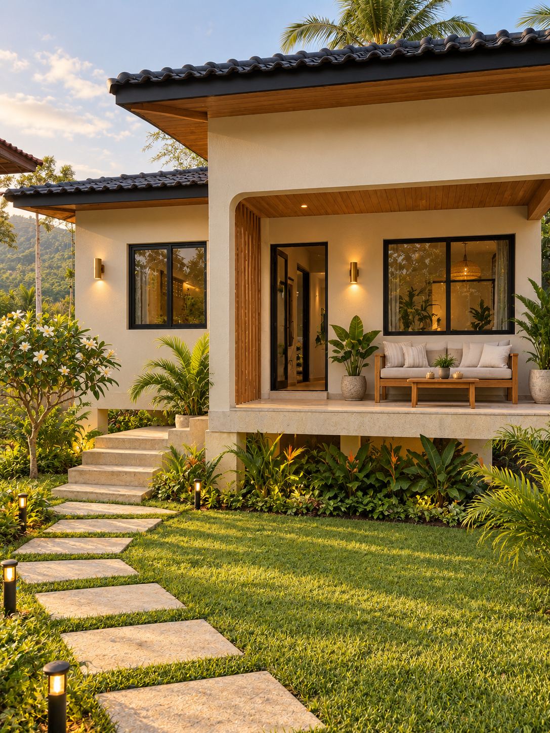 Two-bedroom private villa with fenced garden — architectural rendering